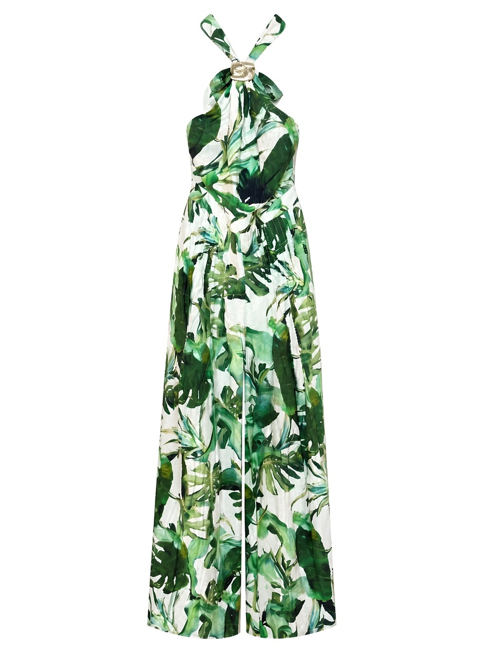 A. Peach- Green Leaf-Print Halter Maxi wide leg Romper, size S